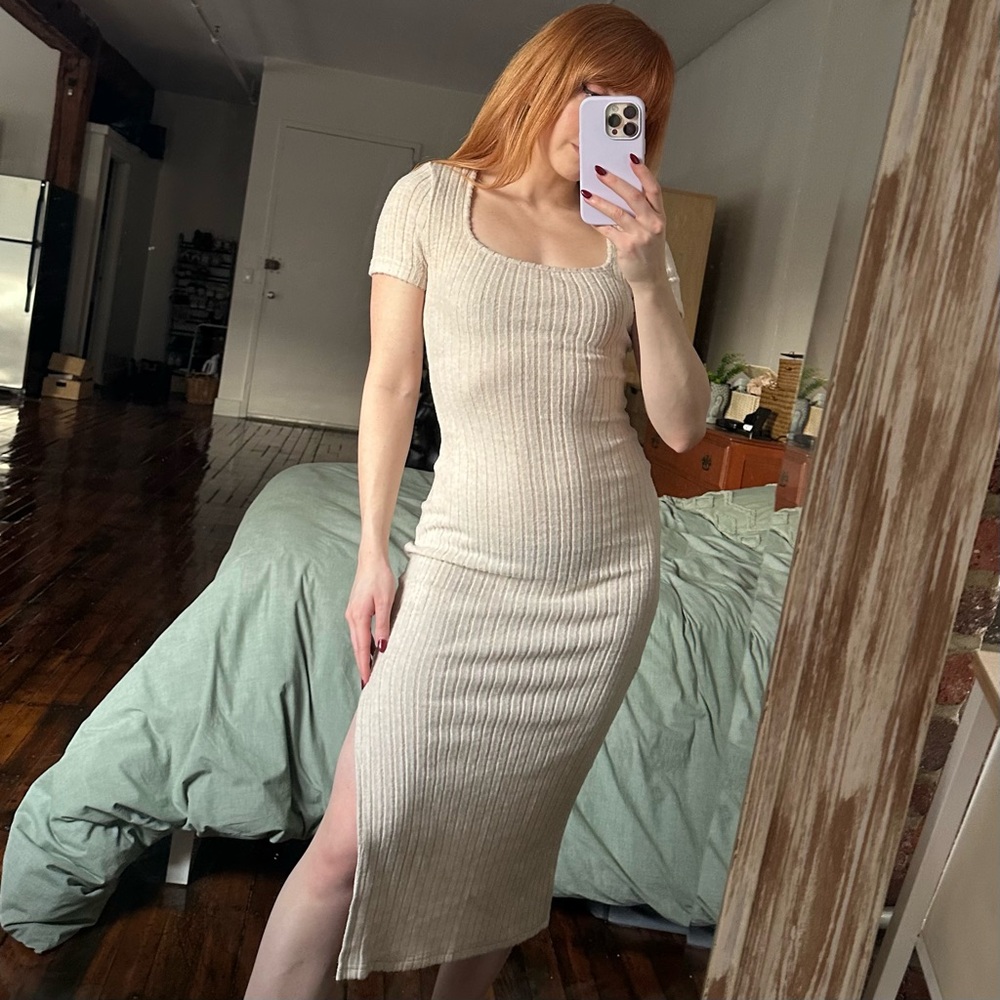 Cream Ribbed Knit Dress